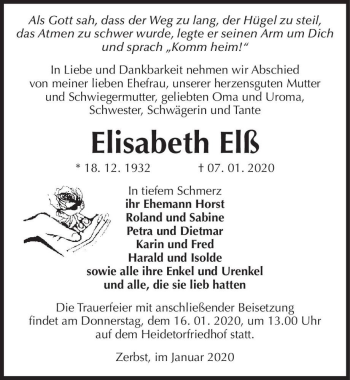 Traueranzeige von Elisabeth Elß  von Magdeburger Volksstimme