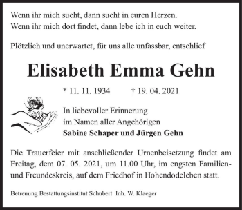 Traueranzeige von Elisabeth Emma Gehn  von Magdeburger Volksstimme