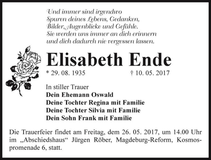  Traueranzeige für Elisabeth Ende  vom 20.05.2017 aus Magdeburger Volksstimme