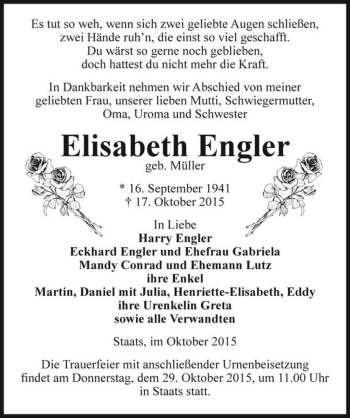 Traueranzeige von Elisabeth Engler (geb. Müller)  von Magdeburger Volksstimme