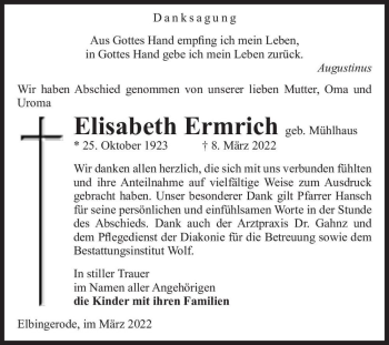 Traueranzeige von Elisabeth Ermrich (geb. Mühlhaus)  von Magdeburger Volksstimme