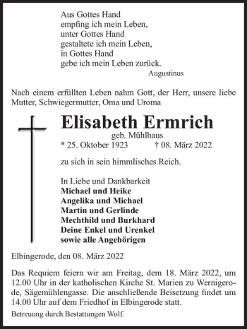 Traueranzeige von Elisabeth Ermrich (geb. Mühlhaus)  von Magdeburger Volksstimme