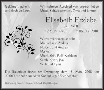 Traueranzeige von Elisabeth Erxlebe (geb. Wolf)  von Magdeburger Volksstimme