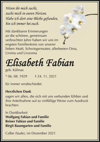 Traueranzeige von Elisabeth Fabian (geb. Kühnas)  von Magdeburger Volksstimme