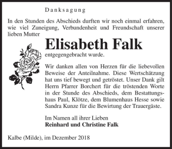 Traueranzeige von Elisabeth Falk  von Magdeburger Volksstimme