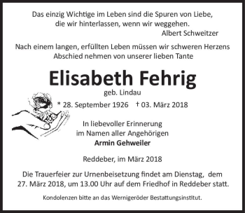 Traueranzeige von Elisabeth Fehrig (geb. Lindau)  von Magdeburger Volksstimme