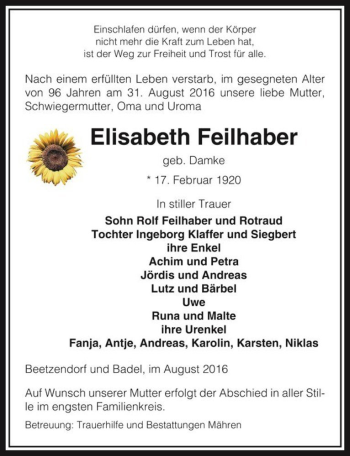 Traueranzeige von Elisabeth Feilhaber (geb. Damke)  von Magdeburger Volksstimme