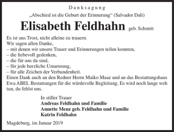 Traueranzeige von Elisabeth Feldhahn (geb. Schmitt)  von Magdeburger Volksstimme
