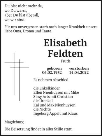 Traueranzeige von Elisabeth Feldten  von Magdeburger Volksstimme