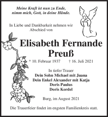 Traueranzeige von Elisabeth Fernande Preuß  von Magdeburger Volksstimme