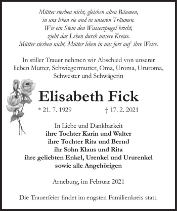Traueranzeige von Elisabeth Fick  von Magdeburger Volksstimme