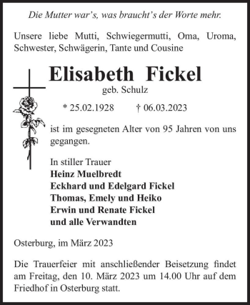 Traueranzeige von Elisabeth Fickel (geb. Schulz)  von Magdeburger Volksstimme