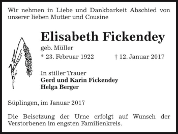 Traueranzeige von Elisabeth Fickendey (geb. Müller)  von Magdeburger Volksstimme