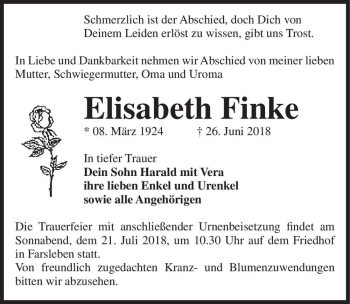 Traueranzeige von Elisabeth Finke  von Magdeburger Volksstimme