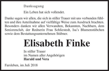 Traueranzeige von Elisabeth Finke  von Magdeburger Volksstimme