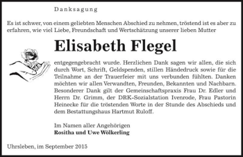 Traueranzeige von Elisabeth Flegel  von Magdeburger Volksstimme