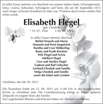 Traueranzeige von Elisabeth Flegel (geb. Chrobok)  von Magdeburger Volksstimme
