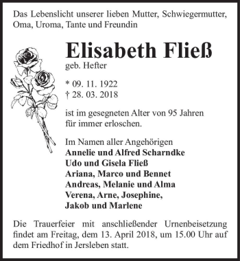 Traueranzeige von Elisabeth Fließ (geb. Hefter)  von Magdeburger Volksstimme