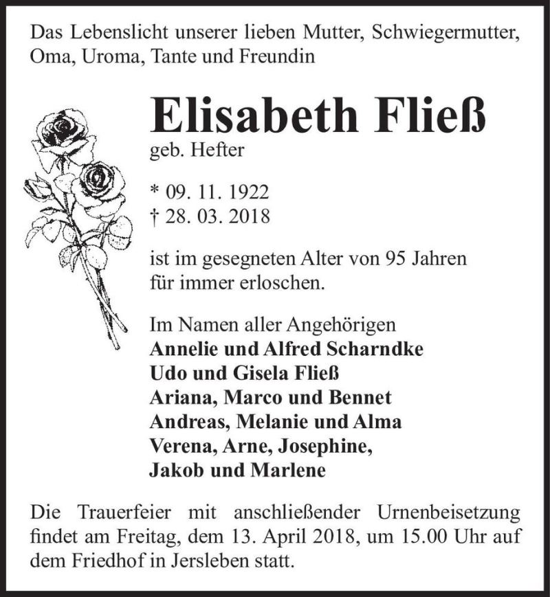  Traueranzeige für Elisabeth Fließ (geb. Hefter)  vom 07.04.2018 aus Magdeburger Volksstimme