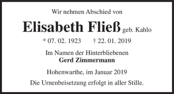 Traueranzeige von Elisabeth Fließ (geb. Kahlo)  von Magdeburger Volksstimme