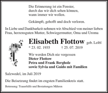 Traueranzeige von Elisabeth Flottow (geb. Leibl)  von Magdeburger Volksstimme