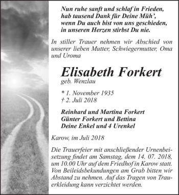 Traueranzeige von Elisabeth Forkert (geb. Wenzlau)  von Magdeburger Volksstimme