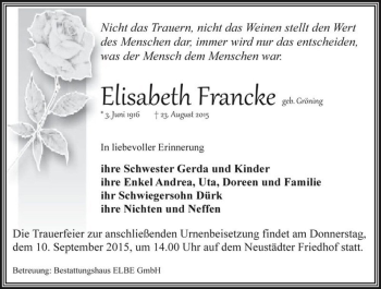Traueranzeige von Elisabeth Francke (geb. Gröning)  von Magdeburger Volksstimme