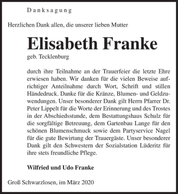 Traueranzeige von Elisabeth Franke (geb. Tecklenburg)  von Magdeburger Volksstimme