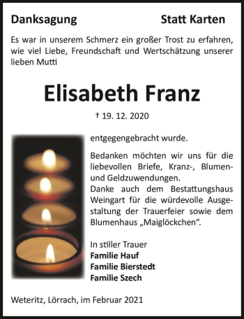 Traueranzeige von Elisabeth Franz  von Magdeburger Volksstimme