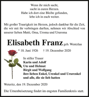 Traueranzeige von Elisabeth Franz (geb. Wentzlau)  von Magdeburger Volksstimme