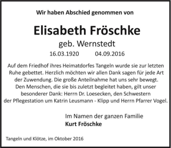Traueranzeige von Elisabeth Fröschke (geb. Wernstedt)  von Magdeburger Volksstimme