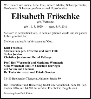 Traueranzeige von Elisabeth Fröschke (geb. Wernstedt)  von Magdeburger Volksstimme