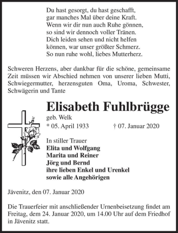 Traueranzeige von Elisabeth Fuhlbrügge (geb. Welk)  von Magdeburger Volksstimme