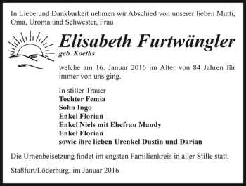 Traueranzeige von Elisabeth Furtwängler (geb. Koeths)  von Magdeburger Volksstimme