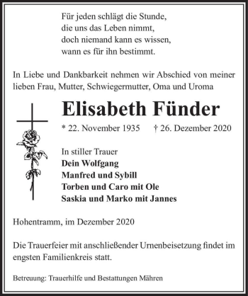 Traueranzeige von Elisabeth Fünder  von Magdeburger Volksstimme