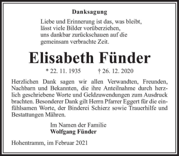 Traueranzeige von Elisabeth Fünder  von Magdeburger Volksstimme