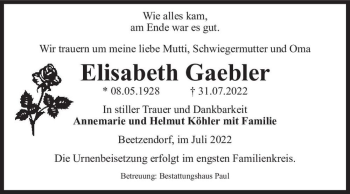 Traueranzeige von Elisabeth Gaebler  von Magdeburger Volksstimme