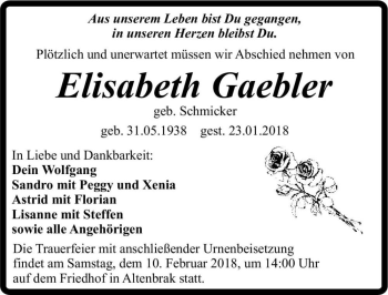 Traueranzeige von Elisabeth Gaebler (geb. Schmicker)  von Magdeburger Volksstimme