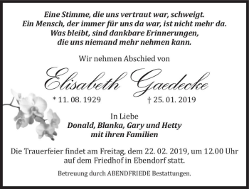 Traueranzeige von Elisabeth Gaedecke  von Magdeburger Volksstimme