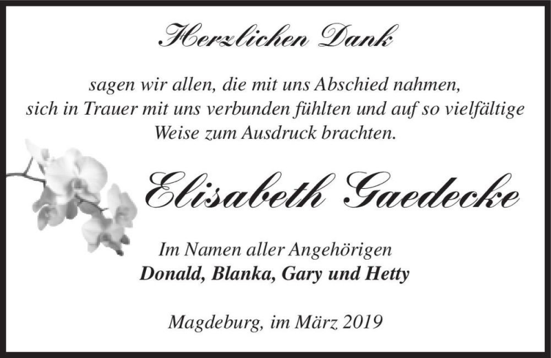  Traueranzeige für Elisabeth Gaedecke  vom 09.03.2019 aus Magdeburger Volksstimme