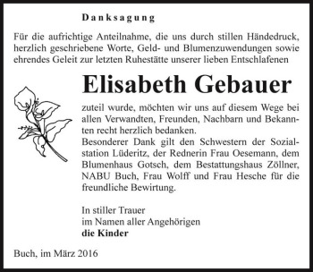 Traueranzeige von Elisabeth Gebauer  von Magdeburger Volksstimme