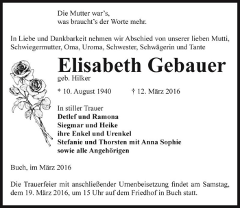 Traueranzeige von Elisabeth Gebauer (geb. Hilker)  von Magdeburger Volksstimme