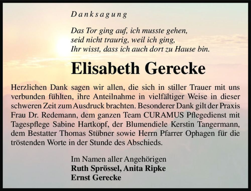  Traueranzeige für Elisabeth Gerecke  vom 28.03.2020 aus Magdeburger Volksstimme