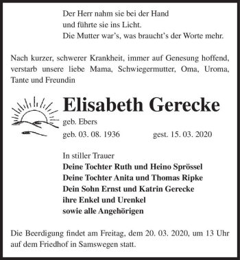 Traueranzeige von Elisabeth Gerecke (geb. Ebers)  von Magdeburger Volksstimme