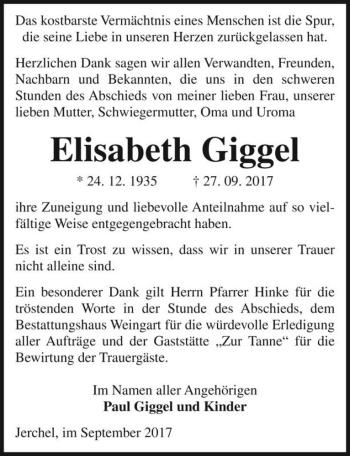Traueranzeige von Elisabeth Giggel  von Magdeburger Volksstimme