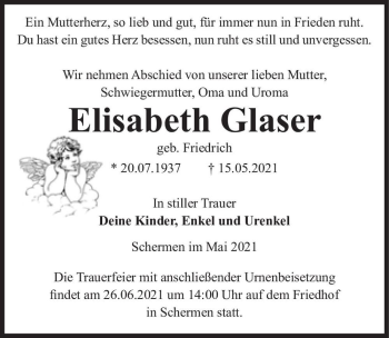 Traueranzeige von Elisabeth Glaser (geb. Friedrich)  von Magdeburger Volksstimme