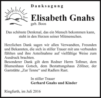 Traueranzeige von Elisabeth Gnahs (geb. Boos)  von Magdeburger Volksstimme
