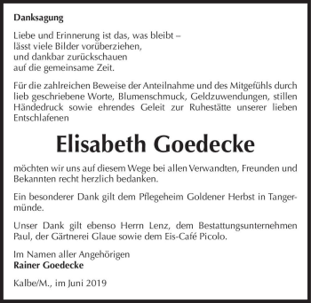Traueranzeige von Elisabeth Goedecke  von Magdeburger Volksstimme