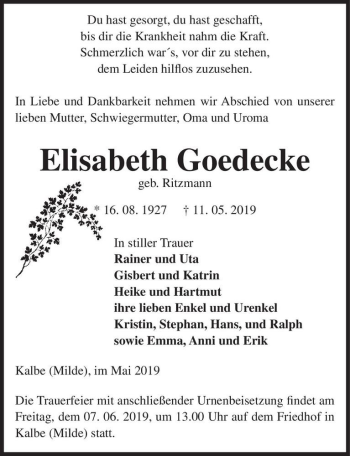 Traueranzeige von Elisabeth Goedecke (geb. Ritzmann)  von Magdeburger Volksstimme