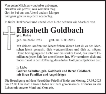 Traueranzeige von Elisabeth Goldbach (geb. Dahse)  von Magdeburger Volksstimme